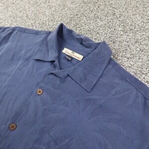 Tommy Bahama Shirt Mens M Blue Silk Palm Jacquard Hawaiian Button Up Loop Collar
